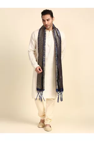 Bazaar Men Dupattas - Men Navy Blue & Off White Floral Woven Design Dupatta