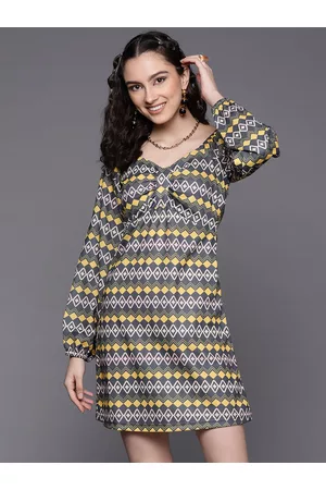 Sassafras Women Charcoal Grey & Yellow Printed Bodycon Dress