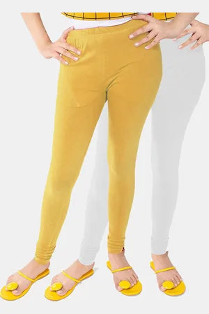 FRENCH KLEIDER Girls Pack Of 2 White & Yellow Solid Pure Cotton Churidar Leggings