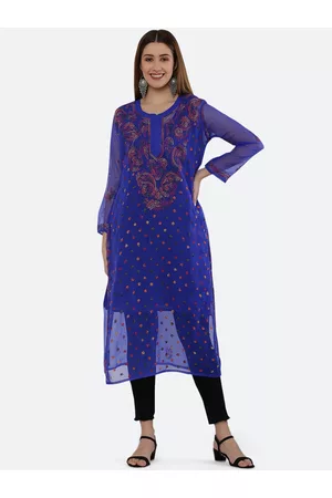FAWOMENT Women Navy Blue Floral Embroidered Chikankari Georgette Kurta
