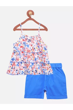 LilPicks Girls White & Blue Printed Top with Shorts