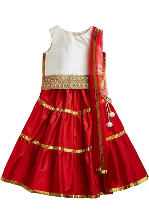 A.T.U.N. A T U N Girls Off White & Red Ready to Wear Lehenga & Blouse With Dupatta