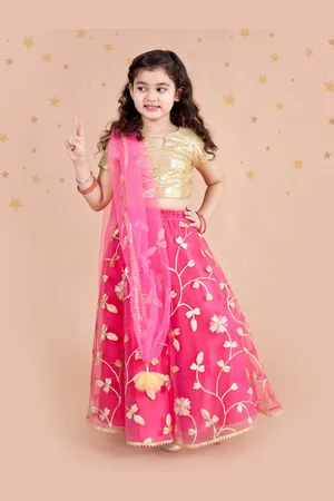pspeaches Girls Fuchsia & Gold-Toned Embellished Ready to Wear Lehenga & Blouse With Dupatta