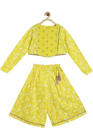Tiber Taber Girls Yellow & White Ethnic Embroidered Printed Cotton Top with Palazzo Set