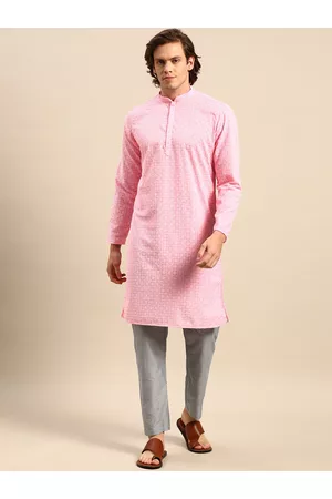 Anouk Men Ethnic Pyjamas - Men Pink Ethnic Motifs Embroidered Pure Cotton Kurta with Pyjamas