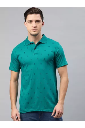 Kryptic Men Teal Green Printed Polo Collar Pure Cotton T-shirt