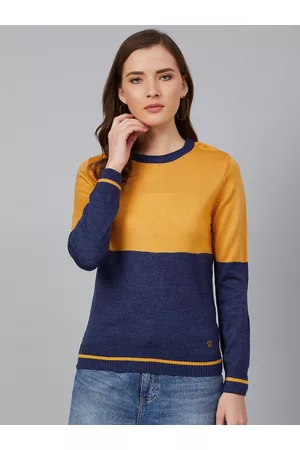 Cayman Women Navy Blue & Mustard Yellow Colourblocked Acrylic Pullover