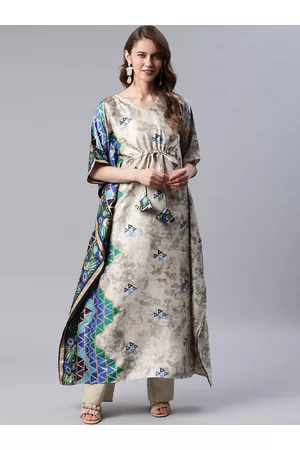 Cottinfab Women Grey & Blue Geometric Printed Flared Sleeves Kaftan Kurta