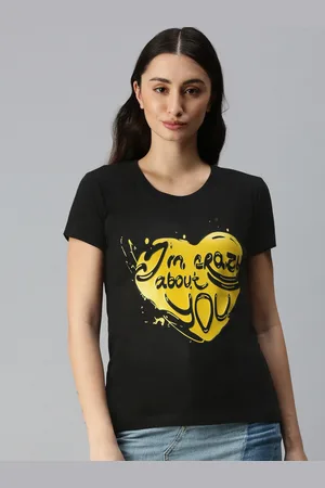 BRATMA Women Black & Yellow Typography Printed Pure Cotton T-shirt