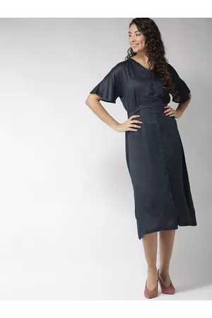 Sera Women Navy Blue Self Design Midi A-Line Dress