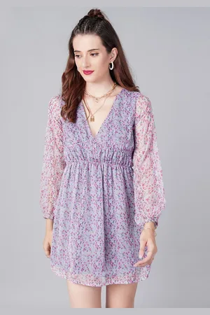 Cation Women Grey & Pink Floral Printed Chiffon Mini Empire Dress