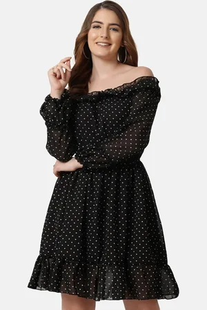 BuyNewTrend Black & brown Off-Shoulder Georgette Dress