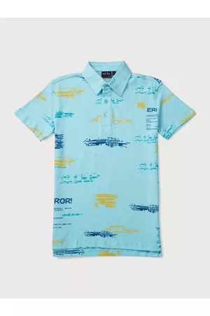 Gini and Jony Boys Blue Printed Cotton Polo Collar T-shirt