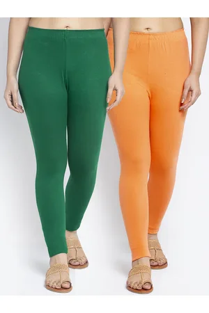 Jinfo Women Pack Of 2 Green & Orange Solid Ankle Length Leggings