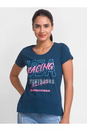 Globus Women Navy Blue Typography Printed Pure Cotton Applique T-shirt