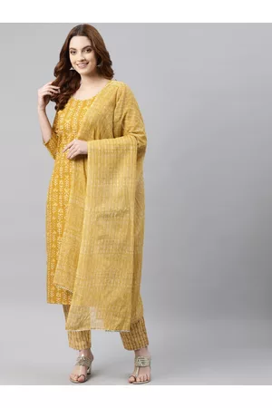 RAJGRANTH Women Mustard Yellow Printed Pure Cotton Kurta with Trousers & Dupatta