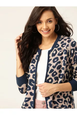 DressBerry Women Navy Blue & Nude-Coloured Animal Print Cardigan