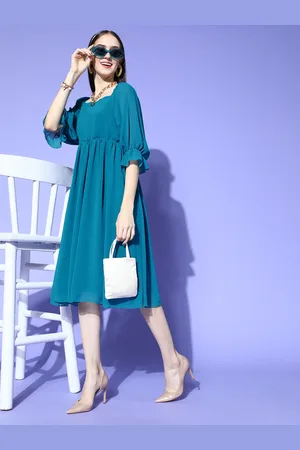 Kvsfab Women Tranquil Teal Solid Weightless Volume Dress