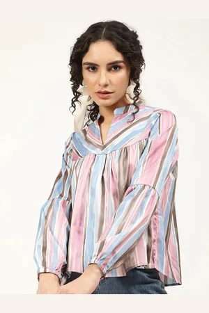 CENTRESTAGE Women Multicoloured Striped Mandarin Collar Pure Cotton Top
