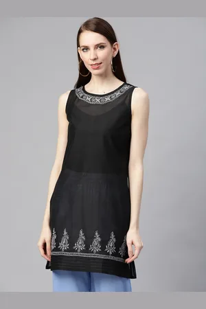 akheri Women Black & Grey Embroidered Detail Sheer Straight Kurta