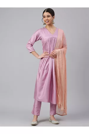 Janasya Women Mauve Poly Silk Solid Kurta with Trousers and Dupatta