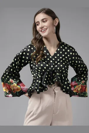 Bhama Couture Black & Lime Green Print High-Low Crop Top