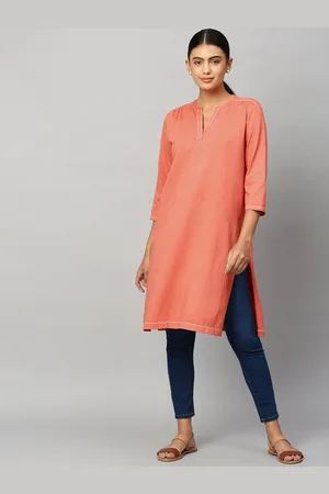 Chemistry Women Peach-Coloured Solid Thread Work Cotton Kurta