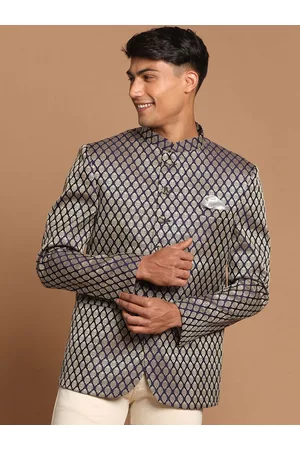 Vastramay Men Blue Self-Design Bandhgala Blazers
