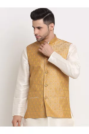 Kraft Men Gold-Coloured Jacquard Woven Design Nehru Jacket