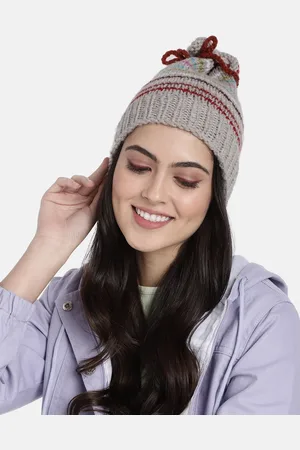 Magic Needles Women Beige & Maroon Self Design Handmade Beanie