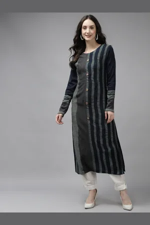 Cayman Women Navy Blue Knitted Woollen Striped Winter Kurta