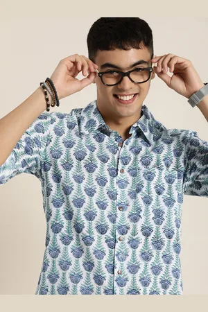 Taavi Men Blue & White Handblock Floral Printed Casual Shirt