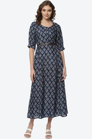 Rangriti Women Navy Blue Floral A-Line Midi Dress