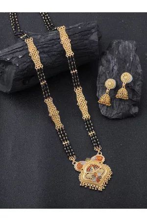 Brandsoon Gold-Plated Black Beaded Mangalsutra WIth Earrings