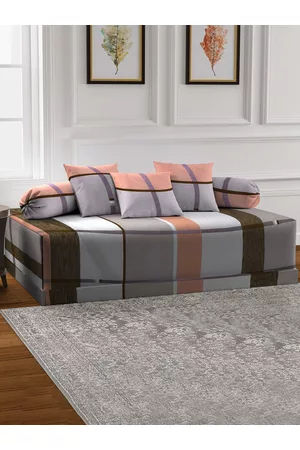 Arrabi Set of 6 Grey & Brown Geometric Printed Diwan Set