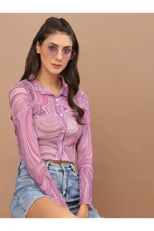 KASSUALLY Women Purple Semi Sheer Printed Casual Shirt