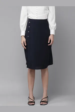 Rare Fashion Women Navy Blue Solid High-Slit Midi A-Line Skirt