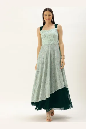 Ethnovog Women Mint Green Embroidered Sequins Strap Georgette Gown