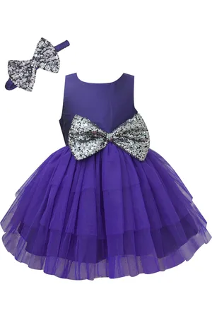 A.T.U.N. A T U N Girls Purple & Silver Toned Embellished Ft & Flare Net Dress with Bow Headband