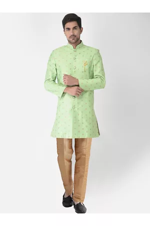 SG LEMAN Men Sea Green & Golden Woven-Design Sherwani Set