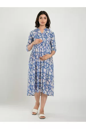 CRAFIQA Women Blue Floral Print Maternity & Nursing Cotton Midi Dress