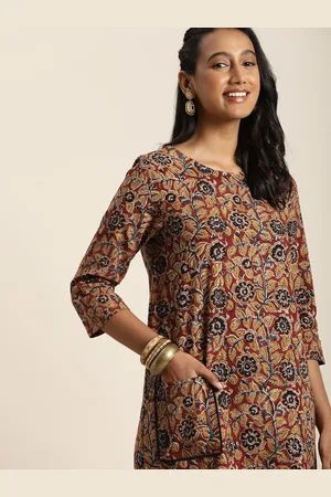 Taavi Red & Blue Kalamkari Ethnic Motifs Pure Cotton A-Line Dress
