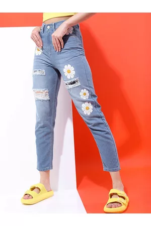 Tokyo Talkies Women Blue Ripped Light Fade Printed Jeans