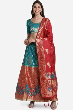 Mitera Women Turquoise Blue & Red Semi-Stitched Lehenga & Unstitched Blouse with Dupatta