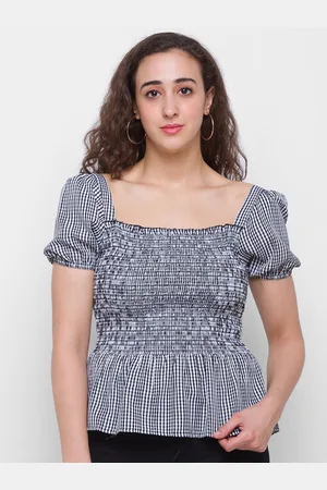 Globus Women Black & White Checked Pure Cotton Top