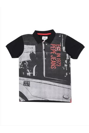 Pepe Jeans Boys Black & Grey Typography Printed Cotton Polo Collar T-shirt