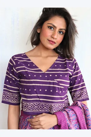 Chidiyaa Women Purple Block Printed Cotton Saree Blouse