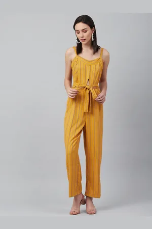 marie claire Women Mustard & Maroon Striped Basic Jumpsuit