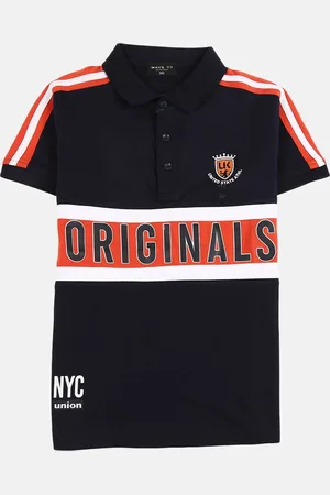 V-Mart Boys Navy Blue & Orange Typography Polo Collar T-shirt