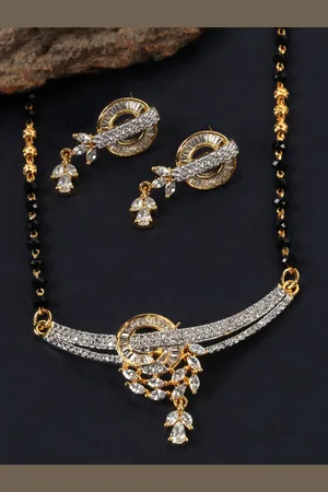 JEWELS GEHNA Black Gold-Plated AD-Studded & Beaded Mangalsutra & Earrings Set